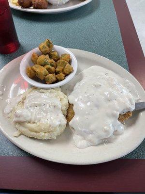 Country Fried Steak, Mashed Potatoes and fried Okra.