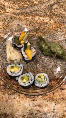 Take out order: Veggie Vieggie Gyoza and Futo Maki Roll (mango, asparagus, avocado, cucumber)