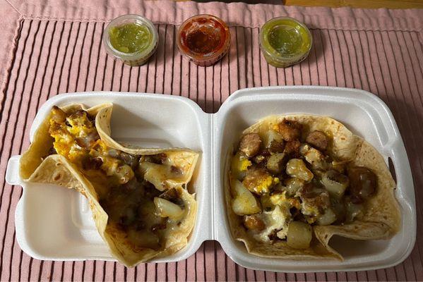 Bacon, egg, cheese and potato and a sausage breakfast taco. Yummy! Salsas with a punch, love it.