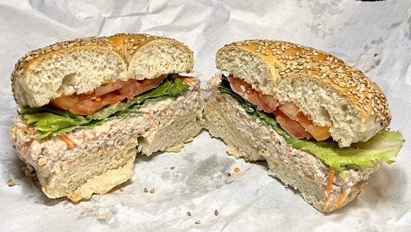 Great White Tuna on a sesame bagel