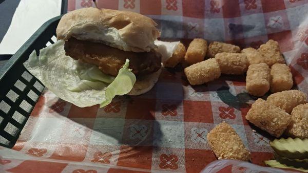 Fish sandwich and tater tots.