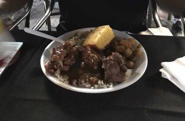 Ox tails, rice and gravy, fried okra, cabbage and cornbread!