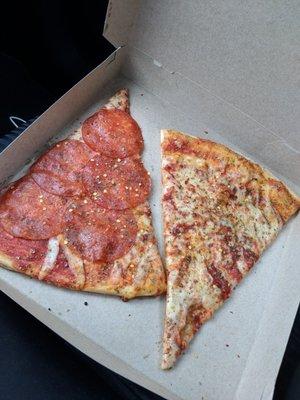 One regular and one Pepperoni. Huge slices?