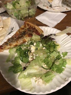 Greek salad and cheese pizza ( I loaded it with pepper, no worries they don't)