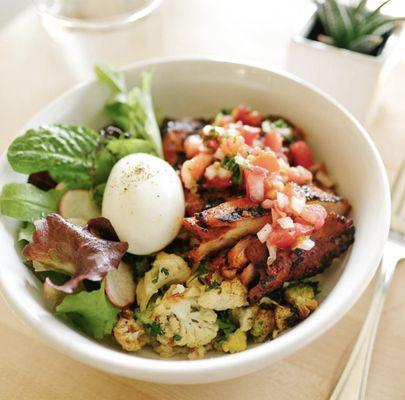 Grilled Chicken Tocino 
 
 Grilled Boneless Chicken, Brown Rice, Roasted Cauliflower, 6-min Egg, Farmers Market Greens, and Kamatis.