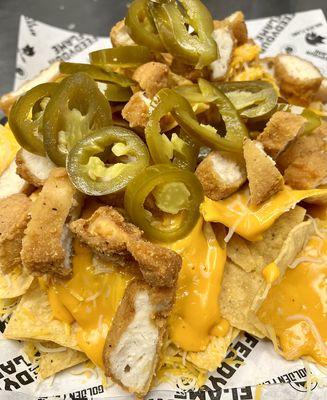 Golden Chicken Nachos with jalapeños