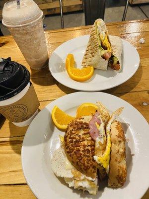 Plain Jane- Asiago bagel with egg & Canadian bacon. And breakfast burrito plus Mr. Muscle protein shake & latte coffee.