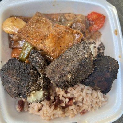 Tripe and Jerk Pork Sampler. With Peas and Rice.