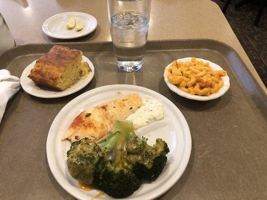 Tilapia, broccoli w/cheese sauce, mac n cheese & cornbread