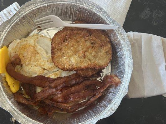 Over easy eggs, WELL DONE bacon, 2 hash browns & white toast