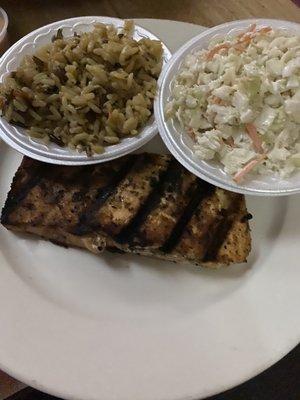 Grilled salmon with rice and coleslaw