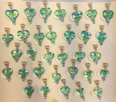 Laguna Hearts, emerald green and aquamarine blue to represent the sea and the sky. These pendants are ready to wear! #handmadehearts