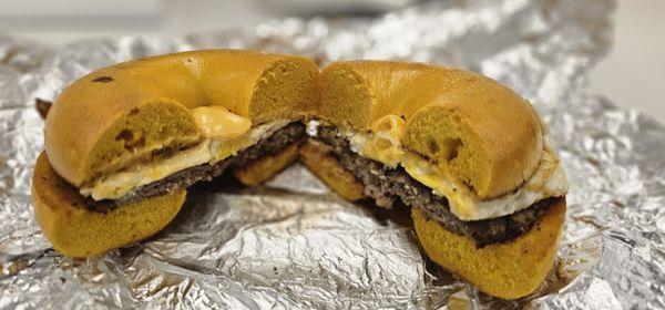 Steak egg and cheese on an egg bagel