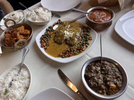 Chicken Tikka Masala, Saag Paneer, Lamb Pasanda and Aloo Gobi Peas