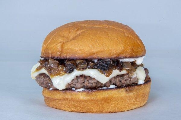 Gooey Lewis impossible patty, white american cheese, caramelized onions, garlic aioli