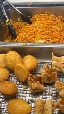 Chow Mien, biscuits and crab Rangoons