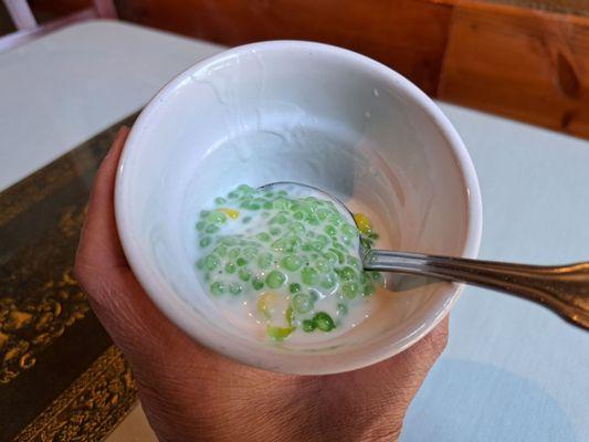 Thai Tapioca is complimentary with lunch specials. Green tapioca, coconut milk, and corn.