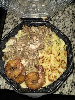 Half order jerk chicken and shrimp Alfredo.