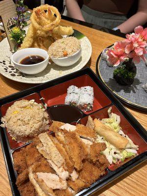 Our food!! Tempura mix, chicken katsu and some sushi on the edge