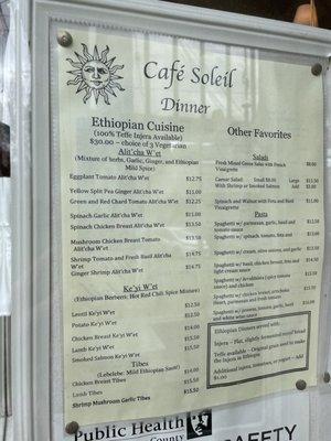 Menu as of May 2023