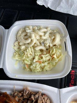 From the Salad bar: Macaroni pasta and coleslaw.