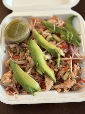 Ceviche with fish, shrimp, octopus, and imitation crab.