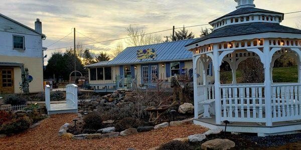 The gazebo looks so pretty at dusk!