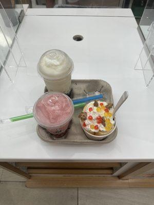 Coconut Milk Tea Slush, Strawberry Milk Tea Slush and Mango Tango rolled ice cream.