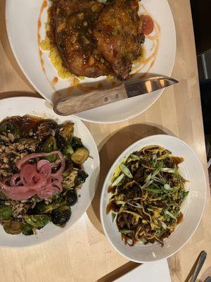 Starting at top going clockwise: Korean Sticky Chicken, sezchuan lamb noodles, Sticky Char'd Brussels