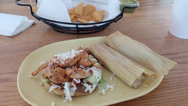 Chicken Sopes and Tamales.