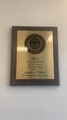 Jason Polcyn award for top 10 criminal defense attorney under 40 in the state of Illinois