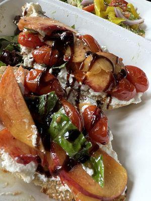 Peach, tomato, ricotta toast with balsamic drizzle! Delicious!