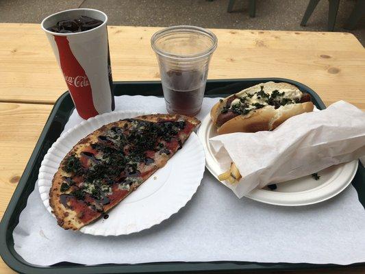 Veggie Pizza (Gorgonzola, kale, balsamic), Tulsa Dog (mole and ranch), fries, Dr. Pepper, and Shiner Bock