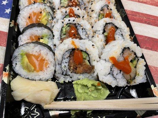 From left to right: Salmon-avo roll, spicy tuna roll, and spicy yellowtail roll.