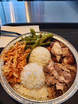 Ono'er with Kalua pig, teriyaki chicken, white rice, garlic edamame, and kimchee slaw