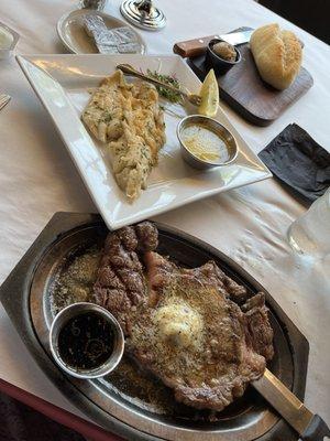 Ribeye and baked haddock