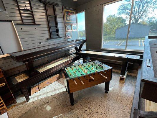 large selection of foosball & shuffleboard tables.