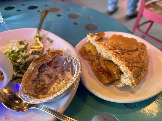 Chicken pot pie, tomato soup, salad, and spicy peach pie