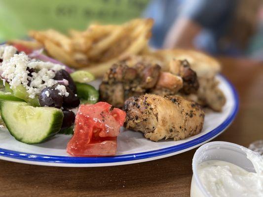 Chicken Souvla, Country Greek Salad and Greek Style Fries