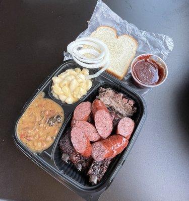 3 Meat Plate-Brisket, Sausage, Ribs, Mac-n-Cheese and Brisket Beans