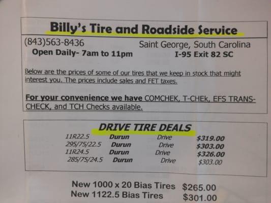 Great price on car, truck, commercial and trailer tires.