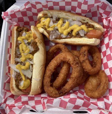 Two coney dogs and onion rings with drink $11.