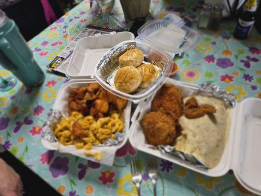 Chicken tenders, mac n cheese, honey biscuits,  3 piece w/ mashed potatoes and gravy. Huge portions of perfection! Yum!