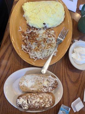 Omelette, well-done hash browns and sourdough toast