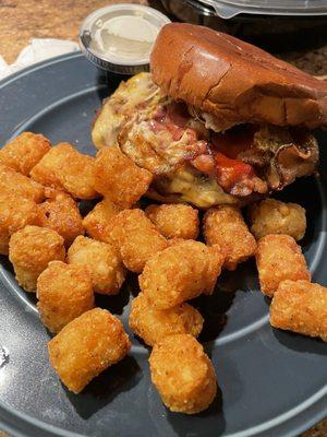 PB&E burger Tater Tots