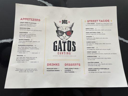 Dos Gatos Takeout Menu June 2022