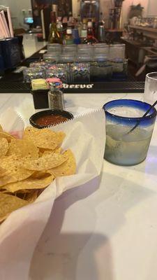 Chips and salsa with tequila on the rocks :)