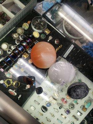 Got  peach and clear selenite, unakite, hematite,  marble egg