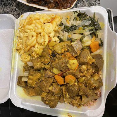 Curry Goat, Cabbage, Mac and Cheese, Rice and Beans