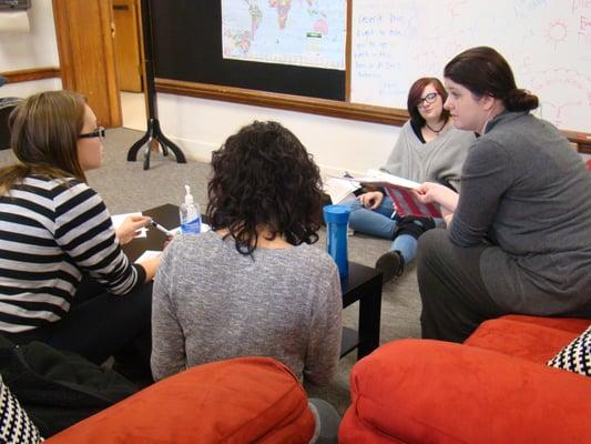 Social Studies Teacher, Jessica Kammerling, meets with students during Connection Days. She's also leading a Washington DC Trip for students